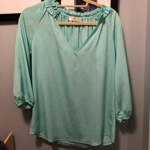 Mint green 3/4 length sleeve v-neck blouse